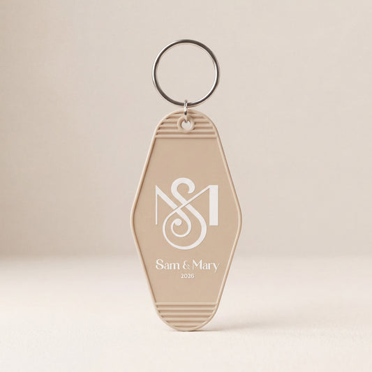 Custom motel keychain used as a wedding favor and bachelorette keepsake